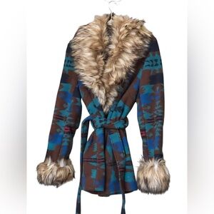 Tasha Polizzi Multicolor Jacket with Fur Trim